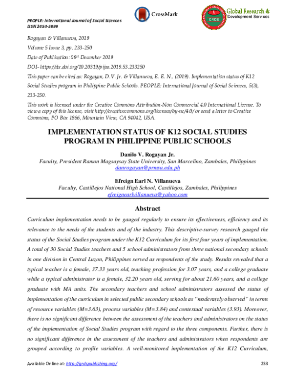(PDF) Implementation status of K12 Social Studies program in Philippine public schools Danilo