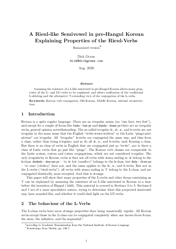 (PDF) A Rieul-like Semivowel in pre-Hangul Korean Explaining Properties ...