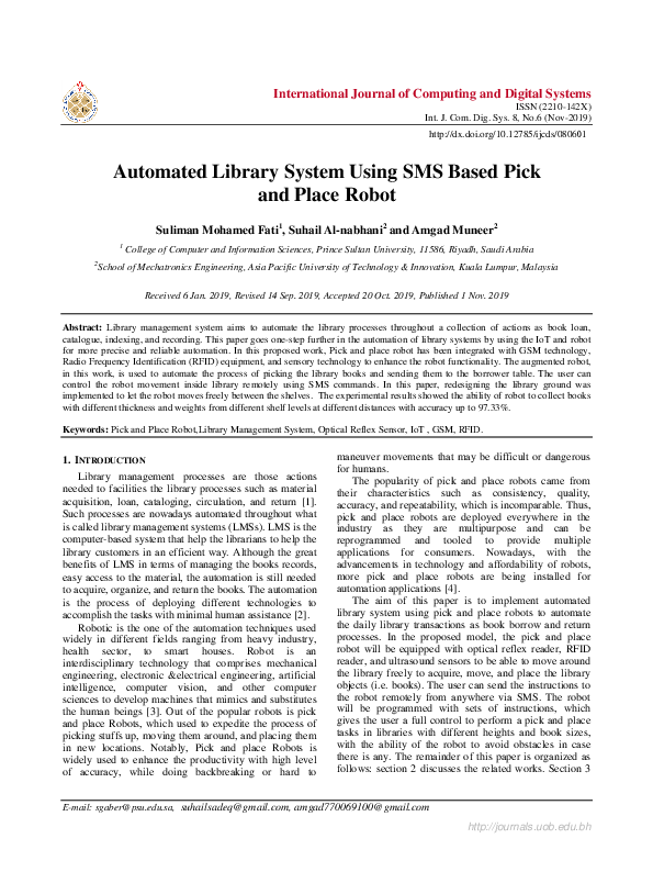 (PDF) Automated Library System Using SMS Based Pick and Place Robot