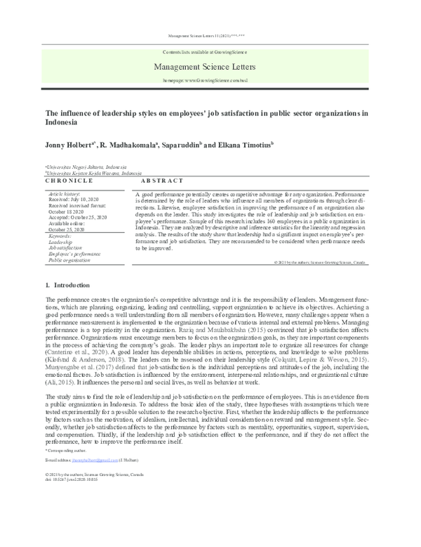 (PDF) The Influence of Leadership Styles on Employees' Job Satisfaction ...