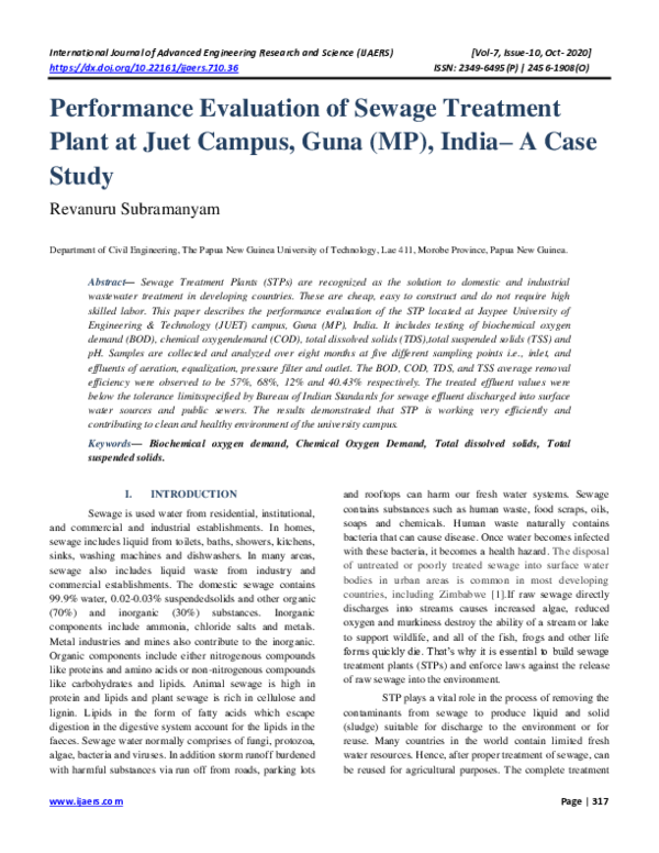 (PDF) Performance Evaluation of Sewage Treatment Plant at Juet Campus ...