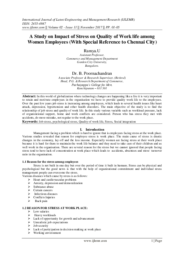 (PDF) A Study on Impact of Stress on Quality of Work life among Women ...