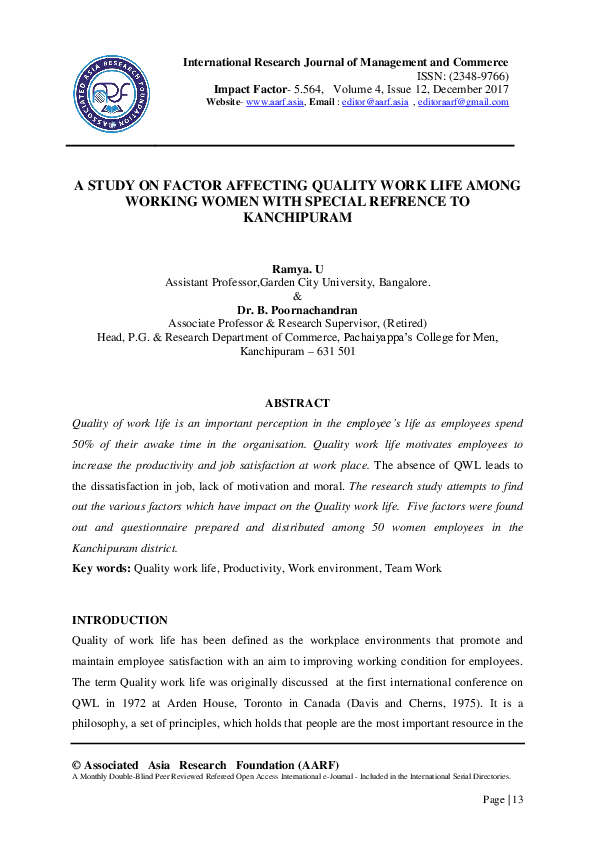(PDF) A STUDY ON FACTOR AFFECTING QUALITY WORK LIFE AMONG WORKING WOMEN ...