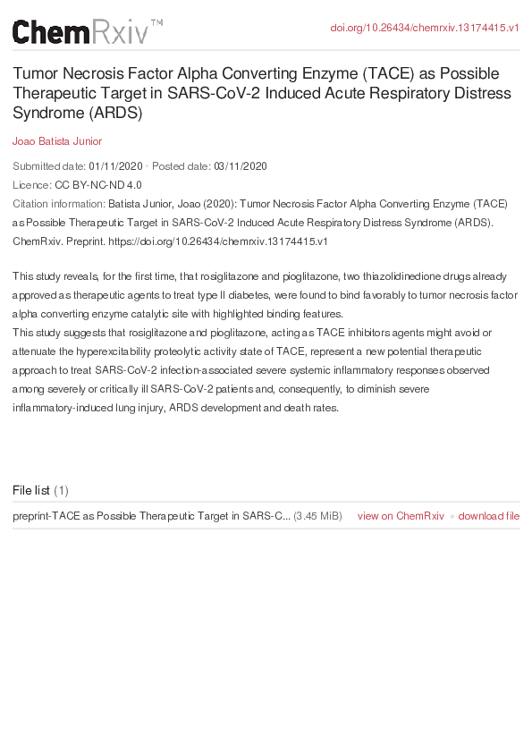 (PDF) Tumor Necrosis Factor Alpha Converting Enzyme (TACE) as Possible ...
