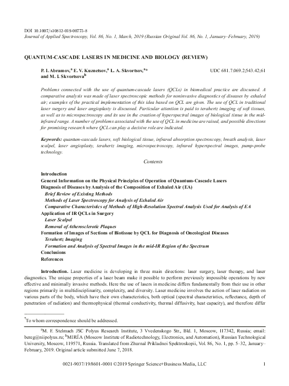 (PDF) QUANTUM CASCADE LASERS IN MEDICINE AND BIOLOGY REVIEW