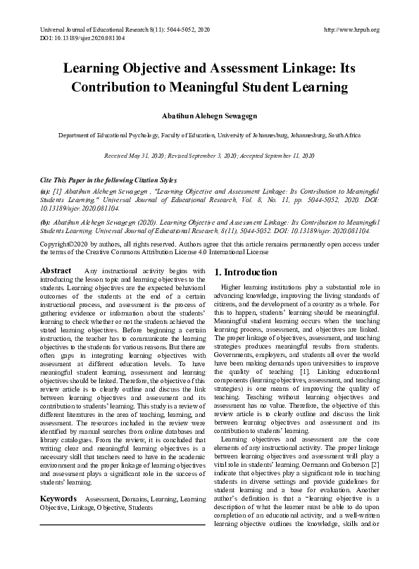(PDF) Learning Objective and Assessment Linkage: Its Contribution to ...