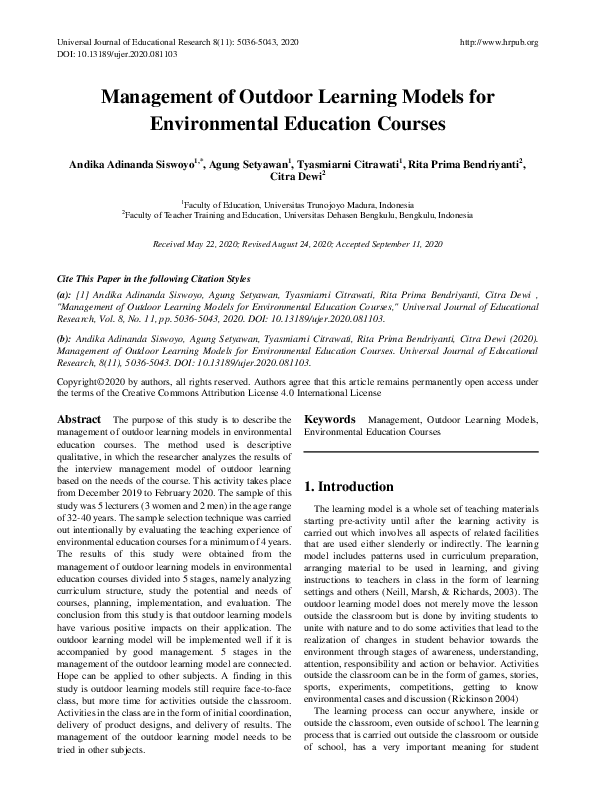 (PDF) Management of Outdoor Learning Models for Environmental Education ...