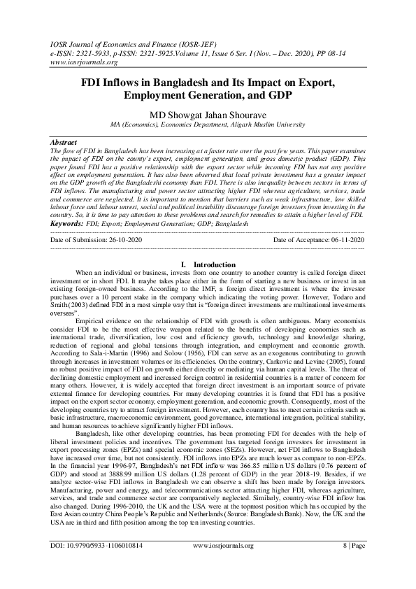 (PDF) FDI Inflows in Bangladesh and Its Impact on Export, Employment ...