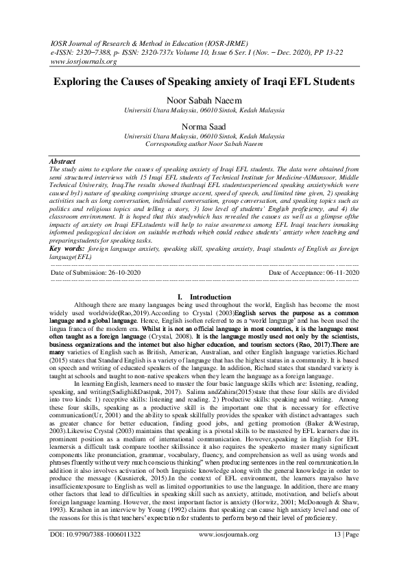 (PDF) Exploring the Causes of Speaking anxiety of Iraqi EFL Students