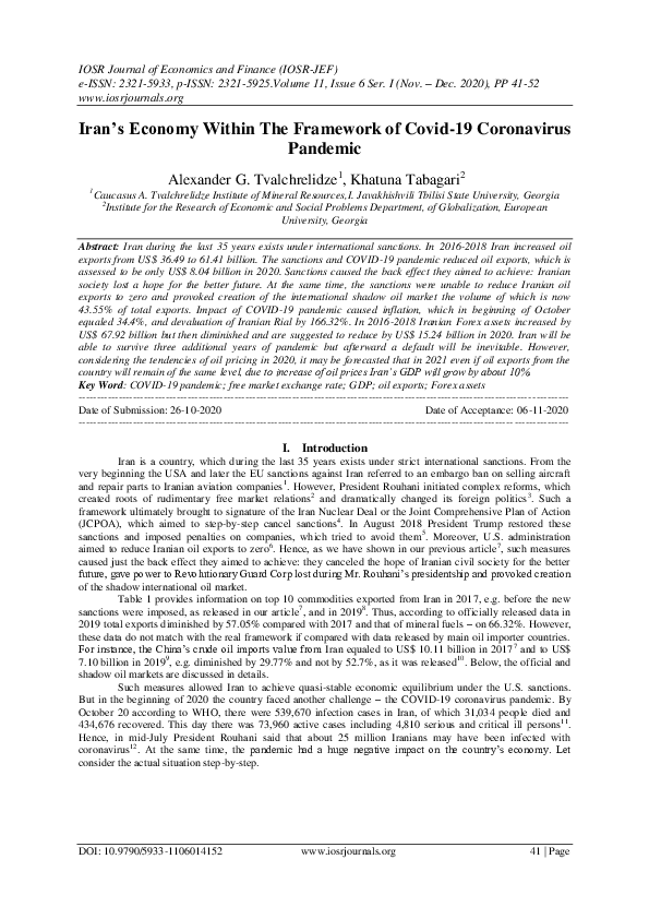 (PDF) Iran's Economy Within The Framework of Covid-19 Coronavirus Pandemic