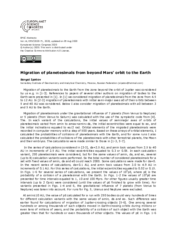 (PDF) Migration of planetesimals from beyond Mars' orbit to the Earth