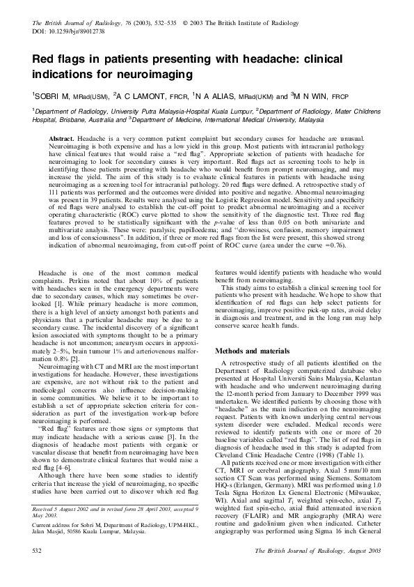 (PDF) Red flags in patients presenting with headache clinical