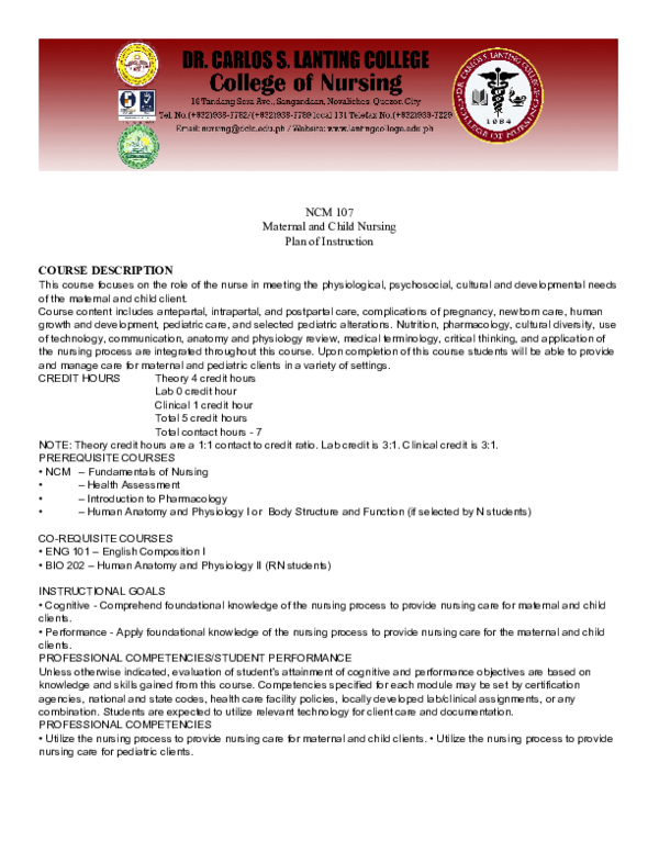 (DOC) NCM 107 Maternal and Child Nursing Plan of Instruction COURSE