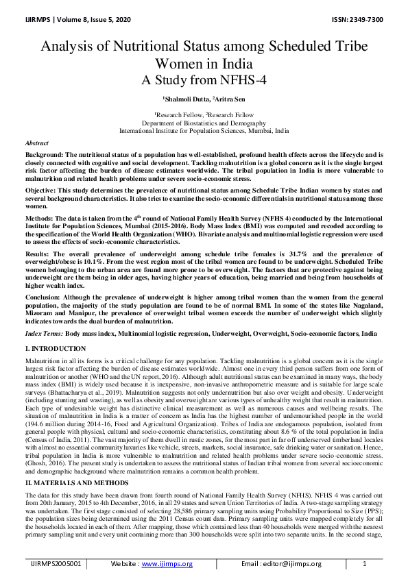 (PDF) Analysis of Nutritional Status Among Scheduled Tribe Women in India