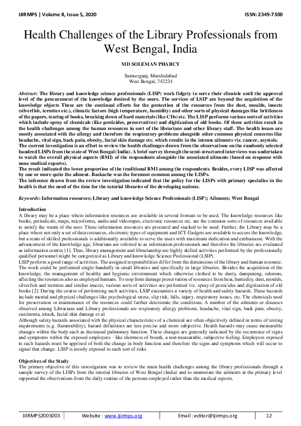 (PDF) Health Challenges of the Library Professionals from West Bengal ...
