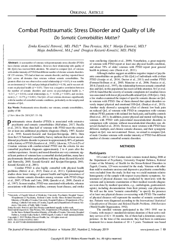 (PDF) Combat Posttraumatic Stress Disorder and Quality of Life Do ...