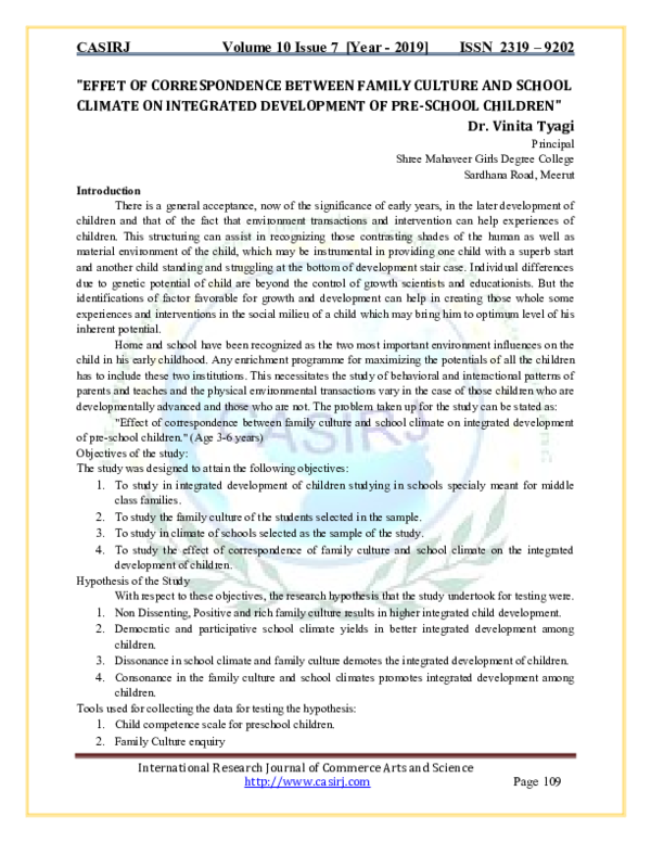 (PDF) EFFET OF CORRESPONDENCE BETWEEN FAMILY CULTURE AND SCHOOL CLIMATE ...
