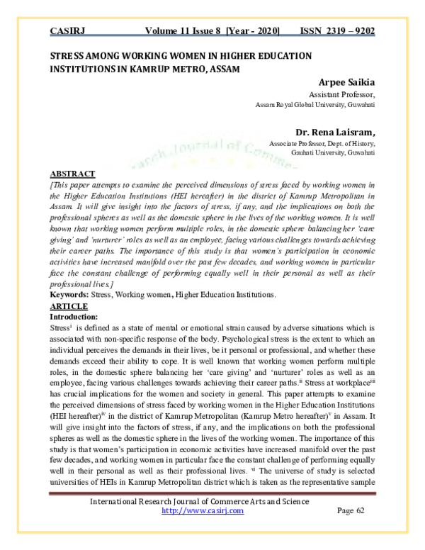 (PDF) STRESS AMONG WORKING WOMEN IN HIGHER EDUCATION INSTITUTIONS IN ...