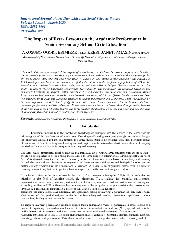 (PDF) The Impact of Extra Lessons on the Academic Performance in Senior ...