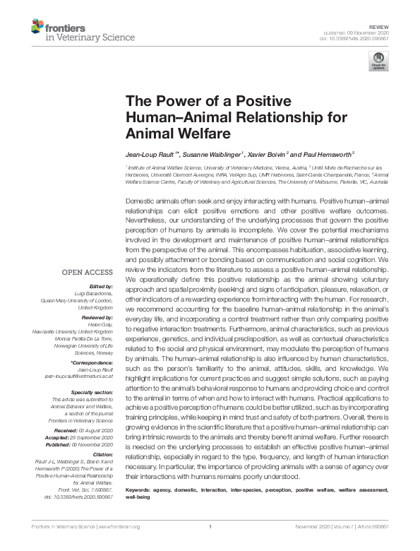 (PDF) The power of a positive humananimal relationship for animal welfare JeanLoup Rault