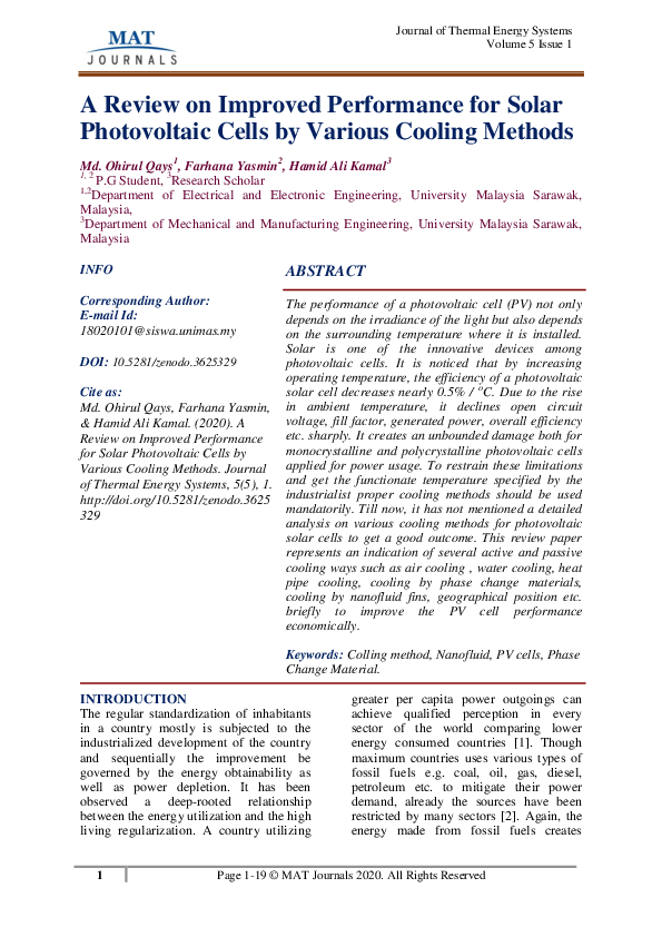 (PDF) A Review on Improved Performance for Solar Photovoltaic Cells by ...