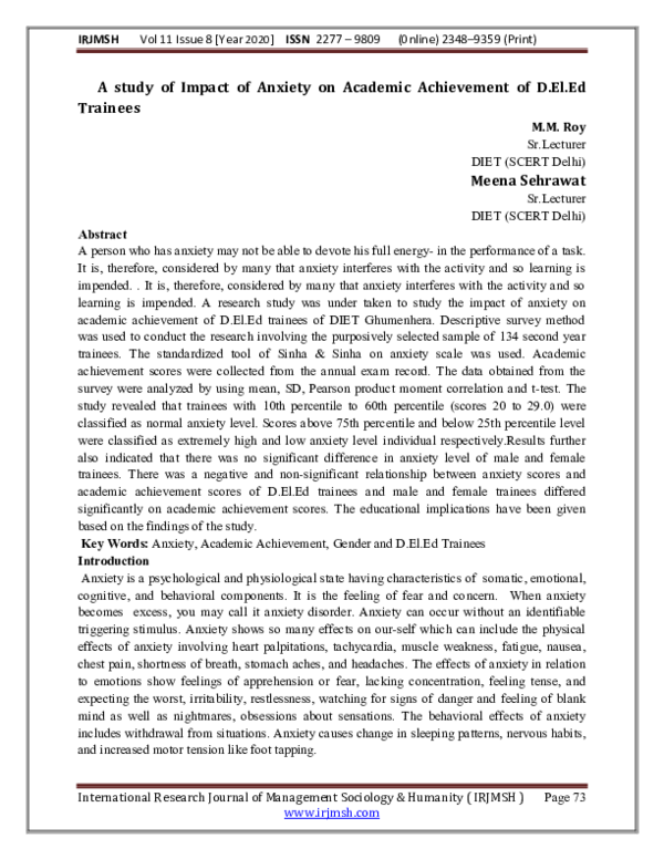 (PDF) A study of Impact of Anxiety on Academic Achievement of D.El.Ed ...