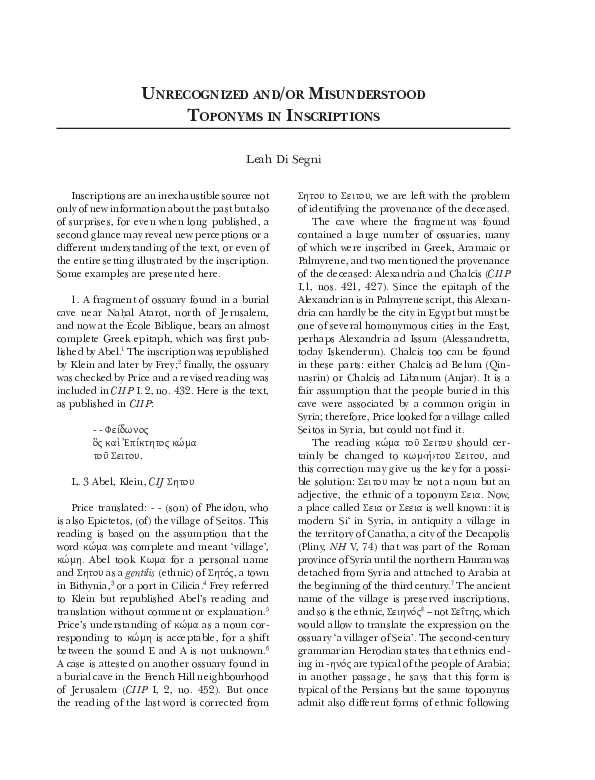 (PDF) Unrecognized and/or MisUnderstood toponyMs in inscriptions