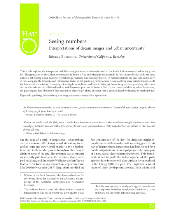 (PDF) Seeing numbers: Interpretations of dream images and urban uncertainty