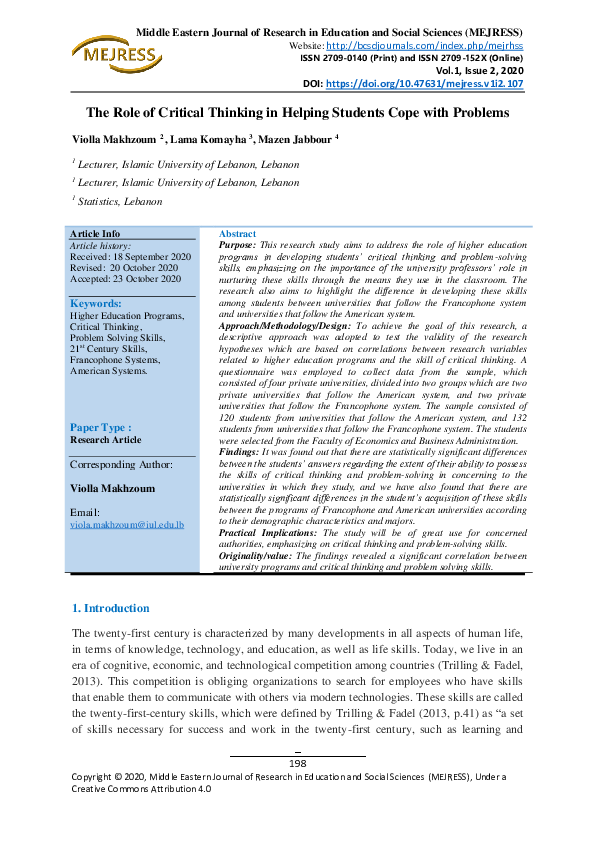 (PDF) The Role of Critical Thinking in Helping Students Cope with Problems