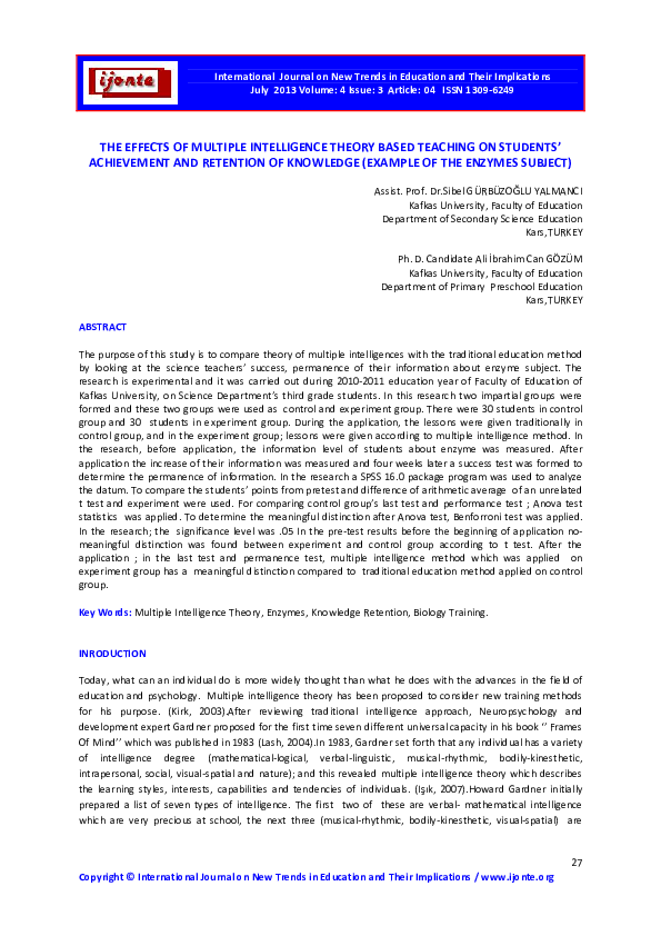 (PDF) THE EFFECTS OF MULTIPLE INTELLIGENCE THEORY BASED TEACHING ON ...
