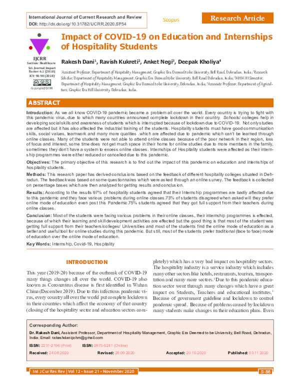 (PDF) Impact of COVID 19 on education and internships of hospitality ...