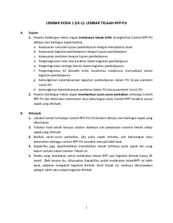 (DOC) LEMBAR KERJA 1 (LK-1): LEMBAR TELAAH RPP-PJJ