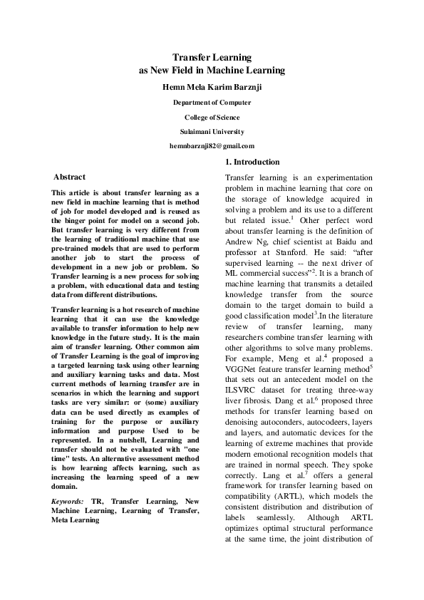 (PDF) Transfer Learning as New Field in Machine Learning