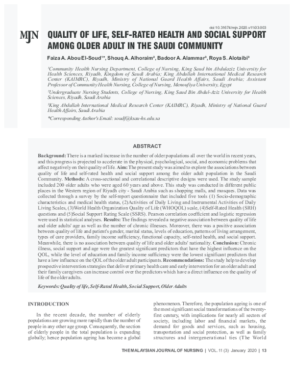 (PDF) QUALITY OF LIFE SELF RATED HEALTH AND SOCIAL SUPPORT