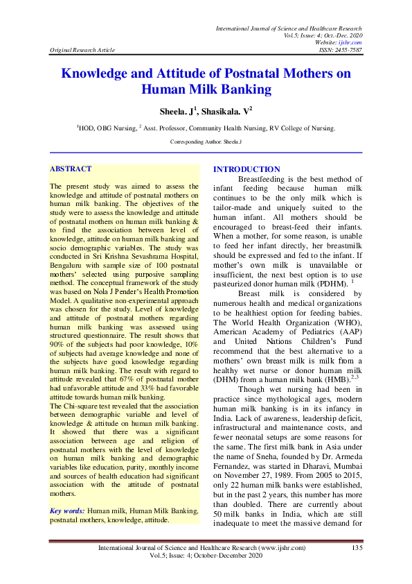 (PDF) Knowledge and Attitude of Postnatal Mothers on Human Milk Banking