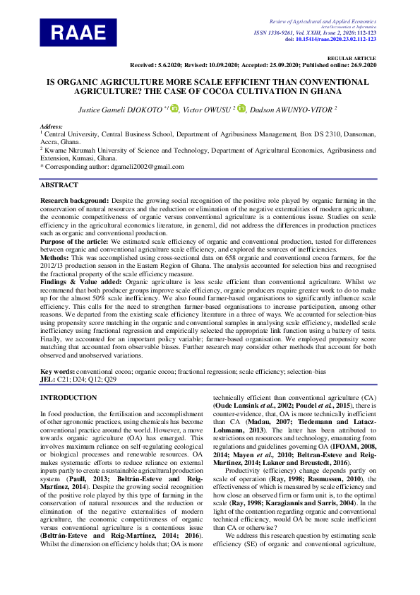 (PDF) IS ORGANIC AGRICULTURE MORE SCALE EFFICIENT THAN CONVENTIONAL