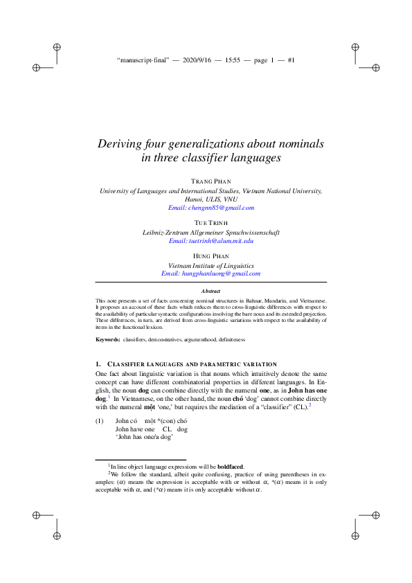 (PDF) Deriving four generalizations about nominals in three classifier