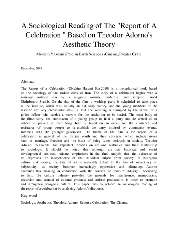 (PDF) A Sociological Reading of The "Report of A Celebration " Based on