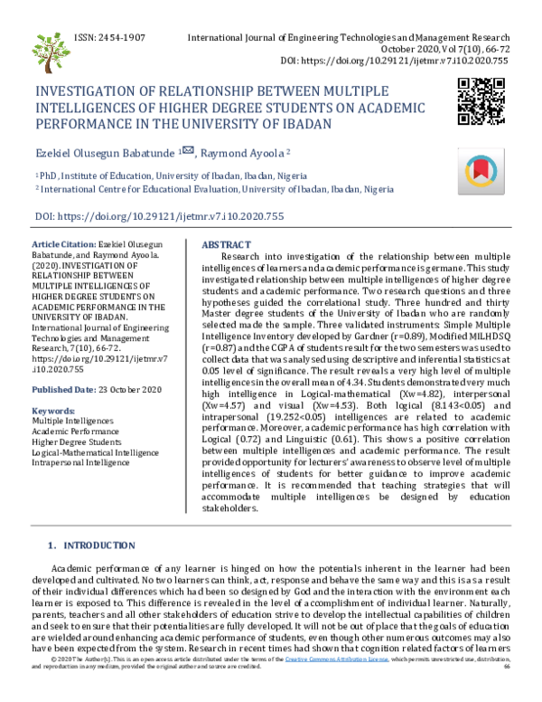 (PDF) INVESTIGATION OF RELATIONSHIP BETWEEN MULTIPLE INTELLIGENCES OF ...