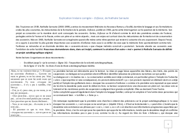 (PDF) Explication linéaire corrigée -Enfance, de Nathalie Sarraute