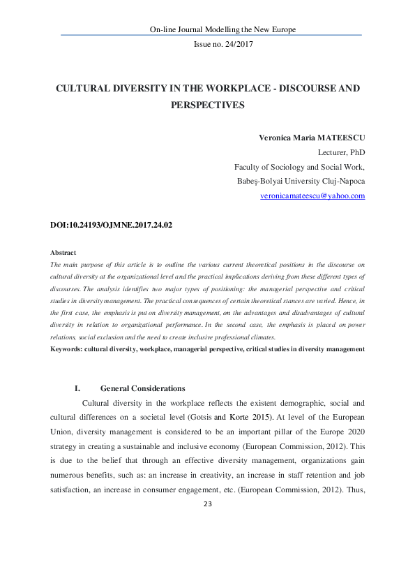 (PDF) CULTURAL DIVERSITY IN THE WORKPLACE -DISCOURSE AND PERSPECTIVES