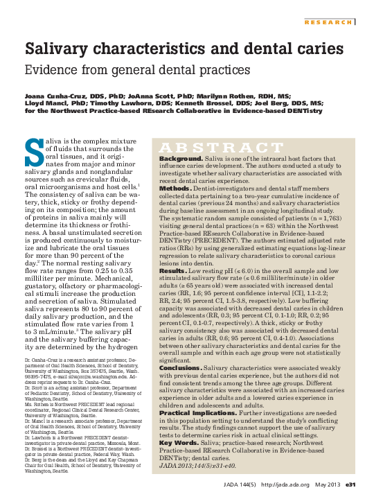 (PDF) Salivary characteristics and dental caries Evidence from general