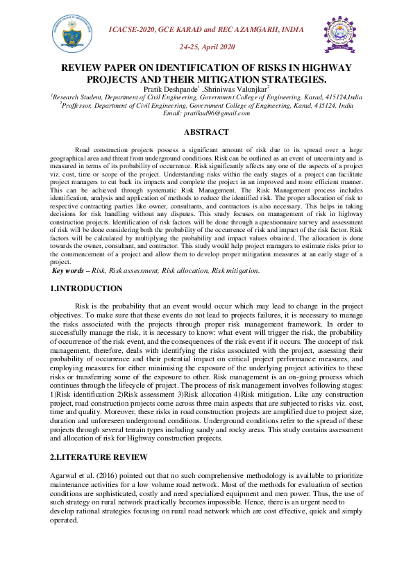 (PDF) Review Paper on Identification of Risks in Highway Projects and ...