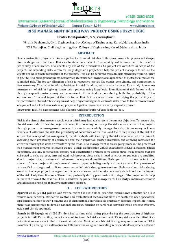 (PDF) Risk Mangement in Highway Projects using Fuzzy Logic System
