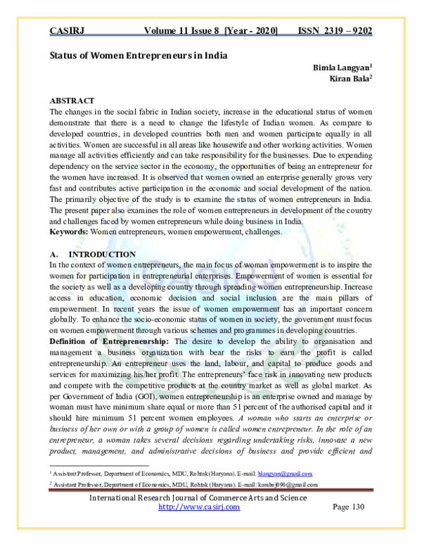 (PDF) Status of Women Entrepreneurs in India