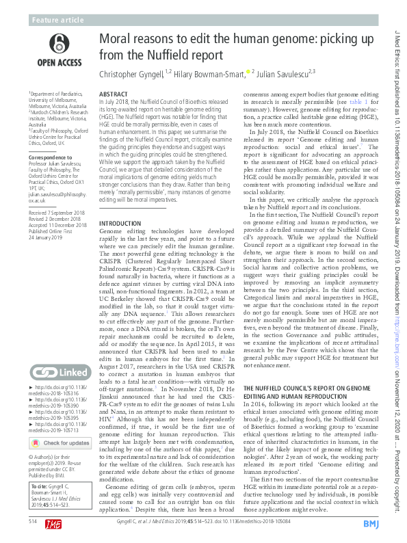 (PDF) Moral reasons to edit the human genome: picking up from the ...