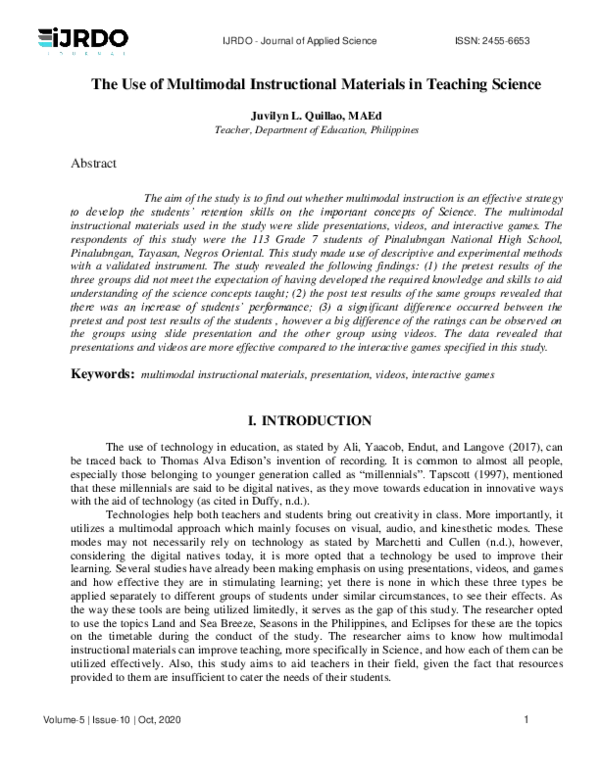 (PDF) The Use of Multimodal Instructional Materials in Teaching Science