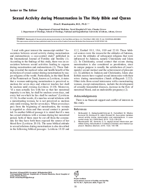 (PDF) Sexual Activity during Menstruation in The Holy Bible and Quran