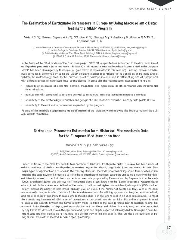 (PDF) The Estimation of Earthquake Parameters in Europe by Using ...