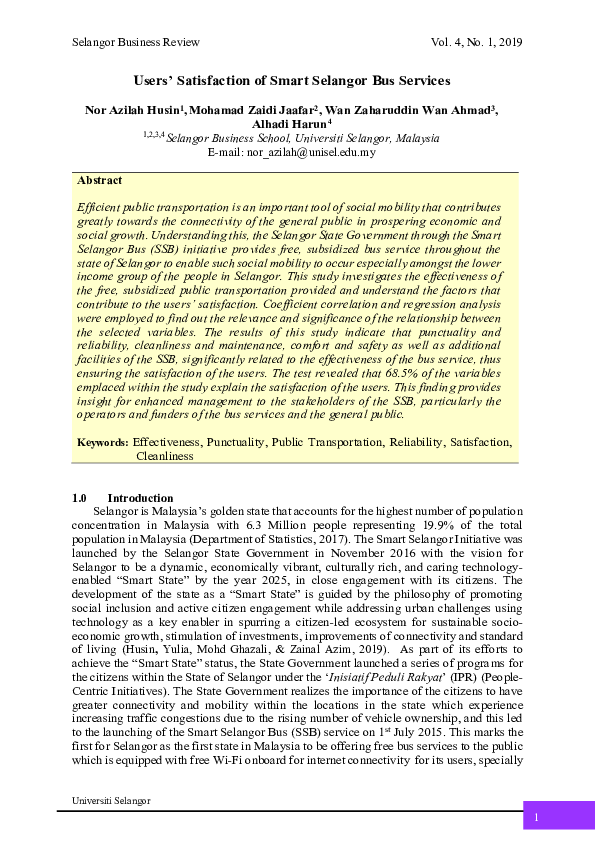 Pdf Users Satisfaction Of Smart Selangor Bus Services Nor Azilah Husin Mohamad Zaidi Jaafar And Wan Z Academia Edu